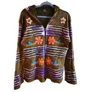 KPC Distressed Olive BoHo Floral Embroidered Zip Front Jacket.